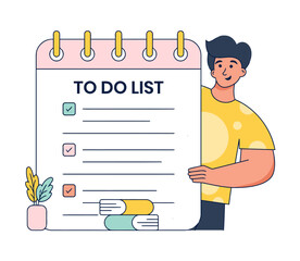 Poster - Man holding todo list planning checklist task management schedule organization reminder productivity goals vector art illustrations