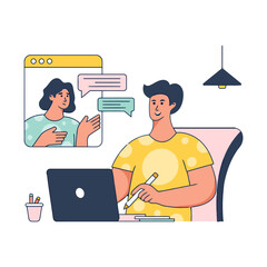 Poster - Illustration meeting conference online call video communication laptop chat work from home discussion talking vector art illustrations