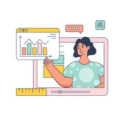 Poster - Woman presenting data analysis chart graph report business analytics information presentation strategy online vector art illustrations