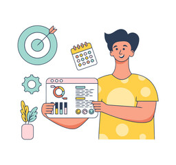 Poster - Man presentation data analytics dashboard business strategy target calendar gear plant success vector art illustrations