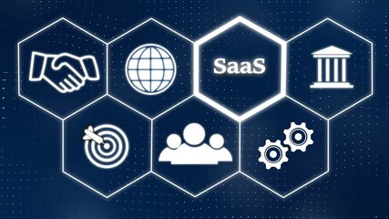A SaaS concept button on a futuristic computer screen. Hi tech motion graphic background, white flickering dots on dark background .