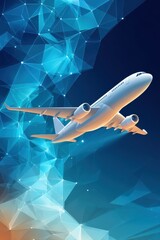 Poster - Airplane flying through geometric abstract art with futuristic blue background