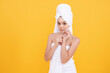 © Olena - Cotton pad, skincare of teenager girl, isolated. Teen using remover pad for skin care. Teenager girl morning facial skin care with cotton pad. A girls perfect skin. Facial treatment with cotton pad.