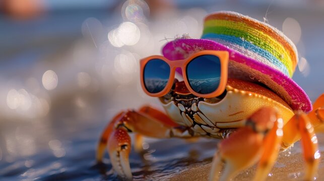 Joyful crab showing off stylish sunglasses and a colorful hat with waves crashing behind