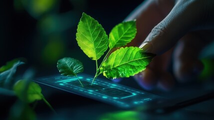 Fototapete - Leaf silhouette overlapping a tech-inspired HUD interface in low light
