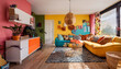 © DefineLove - Bright and colorful living room featuring mix of vibrant wall colors, stylish furniture, and decorative plants, creating cheerful atmosphere