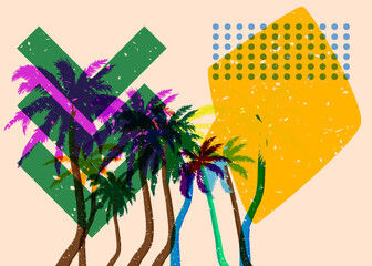 Poster - Risograph Palm Tree with speech bubble with geometric shapes. Objects in trendy riso graph print texture style design with geometry elements.