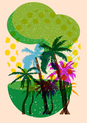 Poster - Risograph Palm Tree with speech bubble with geometric shapes. Objects in trendy riso graph print texture style design with geometry elements.