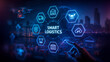 © OMD - Digital representation of smart logistics system with interconnected icons, drones, and a futuristic interface in a neon-lit cityscape background.