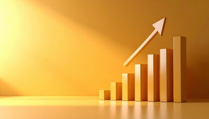 Poster - Business Growth Graph with Increasing Bar Chart and Upward Arrow Representing Success and Financial Progress Over Time in Vibrant Yellow Background