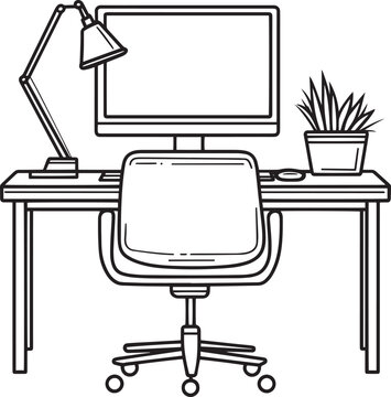Office computer desk clean simple icon outline black vector illustration