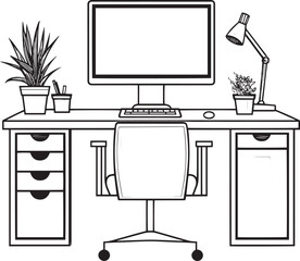 Fototapete - Clean and simple black linear outline of an office computer desk vector illustration.