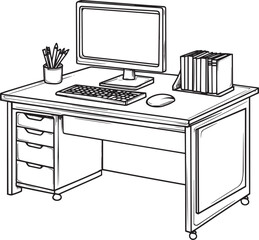 Fototapete - Office computer desk simple, clean linear outline in black vector illustration.