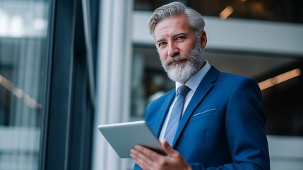 Poster - mature entrepreneur businessman blue suit holding digital pc tablet standing in office, corporate environment 
