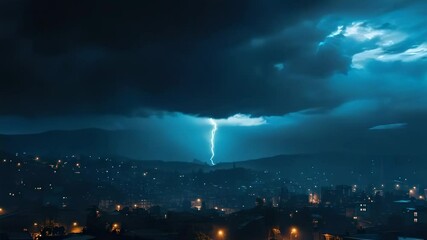 Wall Mural - Dramatic lightning strike over a city at night, dark clouds, cityscape view