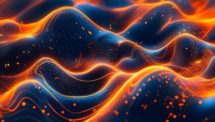Fototapete - A digital landscape of orange and blue waves, with glowing dots representing data points in motion. The background is dark,