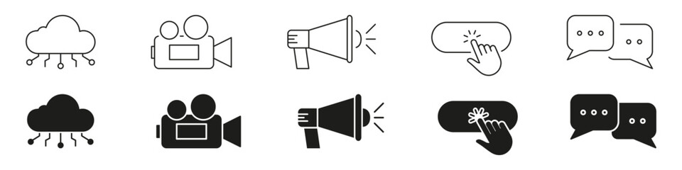 Fototapete - Cloud Computing, Video Production, Megaphone, Click Button, And Chat Bubble Line And Solid Icon Set. Digital Communication, Media, And Interaction Symbol Collection. Isolated Vector Illustration