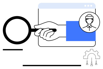 Poster - hand holding magnifying glass on browser with avatar icon, representing search, user analysis, and d
