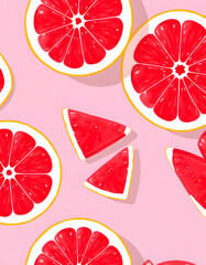 Wall Mural - Vibrant pop art illustration featuring a seamless pattern of juicy pink grapefruit halves against a bold fuchsia backdrop, digital art. with white shades