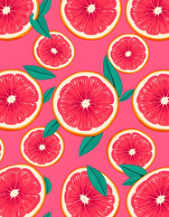 Wall Mural - Vibrant pop art illustration featuring a seamless pattern of juicy pink grapefruit halves against a bold neon pink background, graphic novel art. with white shades