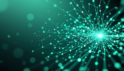 Fototapete - abstract 3d rendered technology network concept with connection dots, positioned on the right with mint green tones, clear copy space on the left for text or graphics.