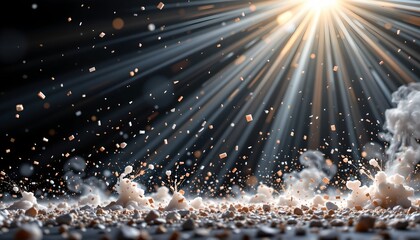 Poster - abstract explosion background with particles bursting upwards, position a at the bottom under glaring beams, leaving clear copy space at the top for photos.