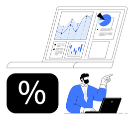 Poster - professional at a desk analyzing graphs, charts, and percentages on a laptop for data insights. idea