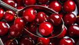 Close-up of Cherry Syrup and Whole Cherry in Metal Spoon, Top View on White Background