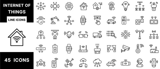 Poster - Internet of Things Line Icons Set Featuring Smart Devices, Wearable Tech, Home Automation, Wireless Networks, Cloud IoT, Sensors, AI, and Connected Appliances