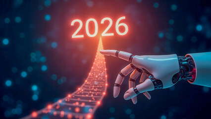 Poster - Futuristic Robot Hand Reaching Towards 2026 With Digital Path of Light And Glowing Particles