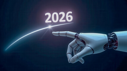 Poster - Humanlike Robot Hand Reaching Towards Year 2026 on Futuristic Blue Background