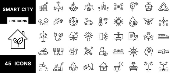 Poster - Smart City Line Icons Set Featuring IoT Infrastructure, Renewable Energy, Smart Mobility, Urban Sustainability, Public Services, AI Integration, and Green Buildings