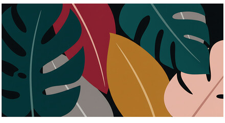 Poster - A vibrant, abstract illustration features a collection of stylized tropical leaves in various colors on a dark background, perfect for modern design.