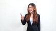 © Said21 Photography  - Beautiful and successful asian business woman wearing black suit. Office lady is shouting and pointing at people with happy expression. Advertising marketing concept.