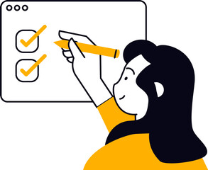 Poster - Woman completing checklist task management project planning and productivity illustration vector design vector art illustration