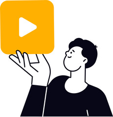 Fototapete - Cartoon man holding video play button for online content creation and social media marketing vector art vector art illustration