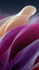 Poster - Abstract macro view of smooth, wavy, multicolored filaments with a glittery texture, resembling cosmic silk in vibrant purple and peach tones