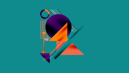 Leinwandbilder - Abstract geometric composition. Purple, orange shapes contrast teal background. Modern design elements create dynamic visual interest.