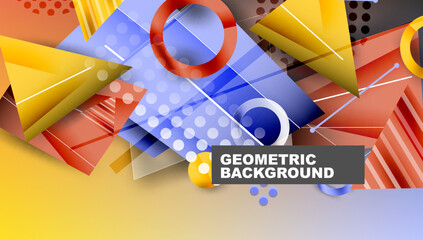 Poster - Abstract geometric shapes overlap, creating vibrant colorful background. Design features triangles, circles, rectangles, lines.