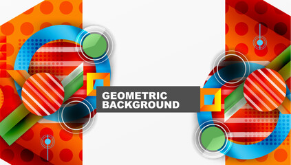 Aufkleber - Bright geometric design. Circles, squares, rectangles overlap. Orange, blue, green colors dominate composition. Modern abstract pattern.