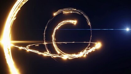 Poster - Golden rings rotating on symmetrical axis, generating luminous particles with dynamic lens flares against contrasting dark blue and black gradient backgrounds, creating mesmerizing visual energy