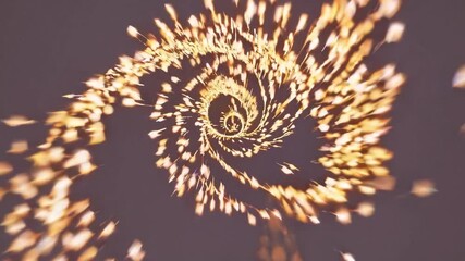 Poster - Glittering golden particles rotating dynamically, expanding and spreading like cosmic firework against dark background, creating mesmerizing visual energy and motion