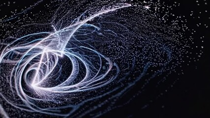 Poster - Bright particles swirling and moving, forming abstract shapes, simulating magical effects, energy flows, or futuristic technology, against a black background