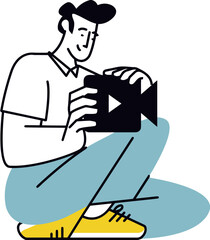 Poster - Man creating video content for social media marketing using tablet illustration for online presence vector art illustration