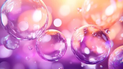 Poster - Multiple transparent bubbles of varying sizes float gently against a blurred pink and orange background, creating a dreamy and ethereal atmosphere