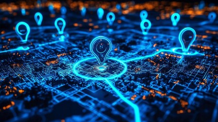 An advanced mapping application featuring bright location indicators.