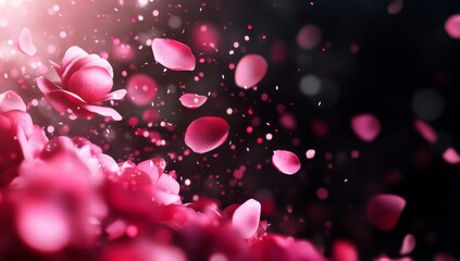 Poster - Pink rose petals flying in the air on a black background, pink rose petals falling from above, pink flower particles, pink glitter dust flying around pink roses