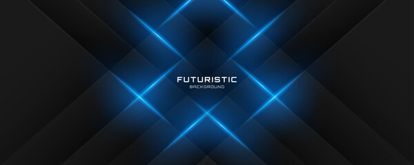 Poster - 3d black abstract background overlap layer on dark space with glowing blue lines effect decoration. 