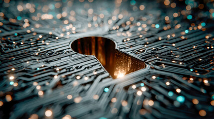 Poster - Abstract digital lock symbol composed of black circuitry and glowing orange dots, representing cybersecurity and data protection