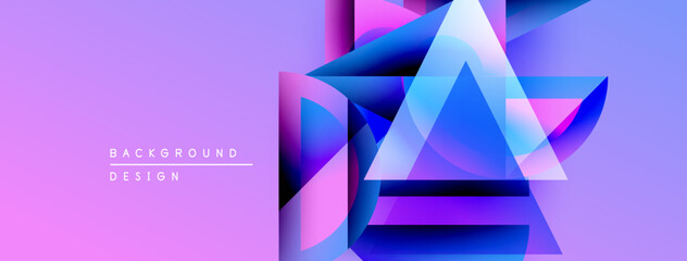 Poster - Abstract geometric shapes overlap, creating vibrant purple, blue gradients. Background features text background design. Modern, stylish composition.